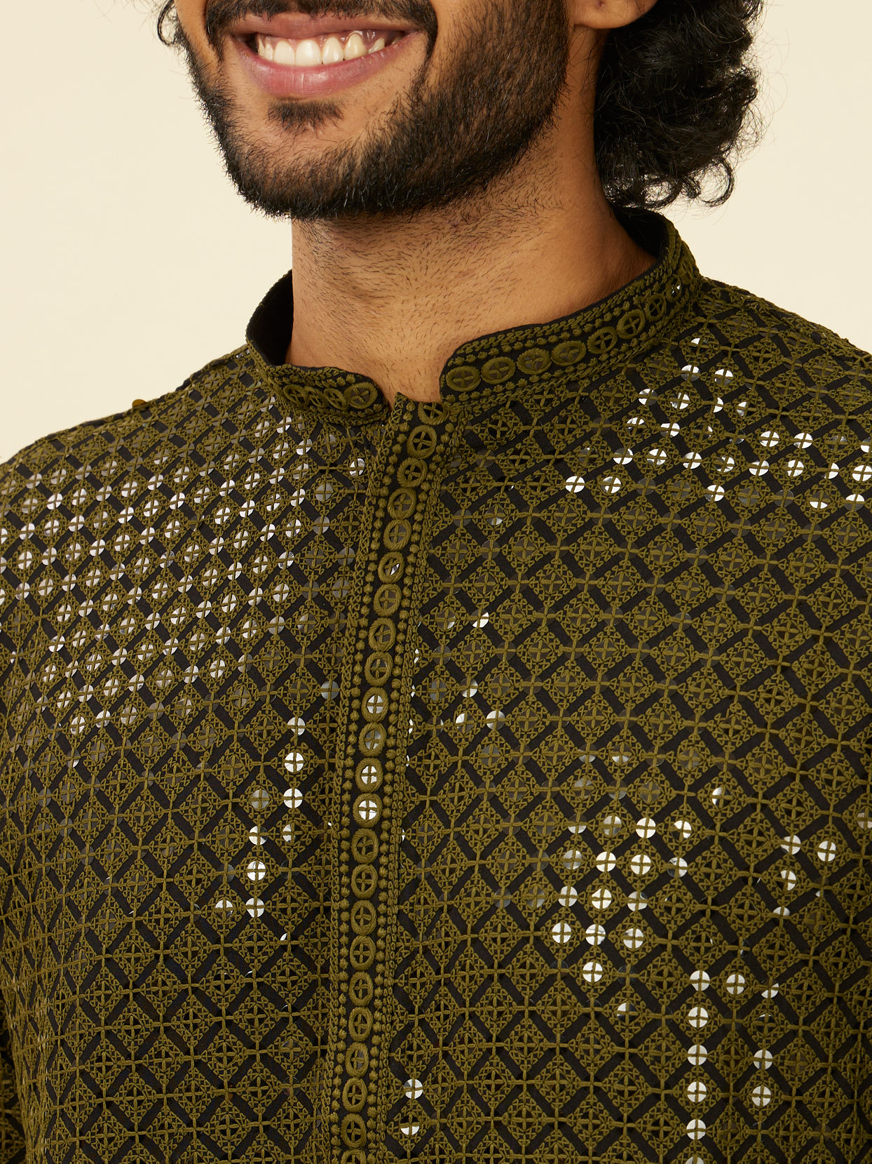 alt message - Manyavar Men Olive Green Chikankari Kurta Set image number 1